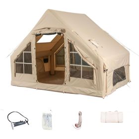 Inflatable camping tent with manual pump