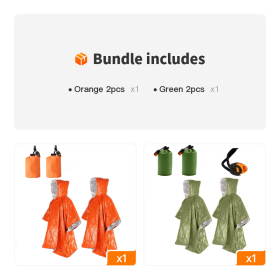 2pcs Emergency Blanket Poncho; Ultralight (Color: Orange 2pcs+Green 2pcs)