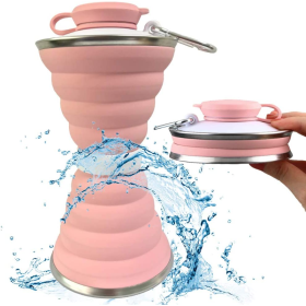 Foldable Water Bottle; Camping Mug With Snap (Color: Pink)