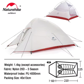 Naturehike Cloud Up 3 Upgraded Tent Ultralight (Color: 2 Person Gray)